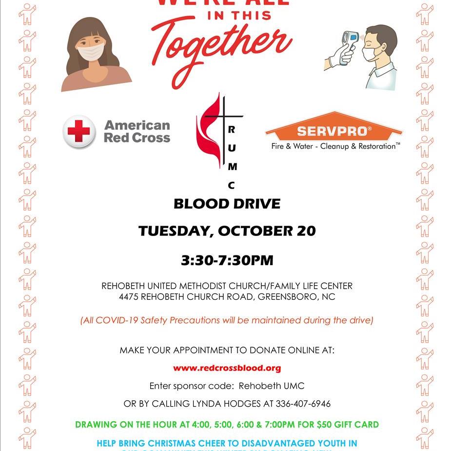 American Red Cross logo and SERVPRO logo Blood Drive Flyer with wording describing the event and medical graphics